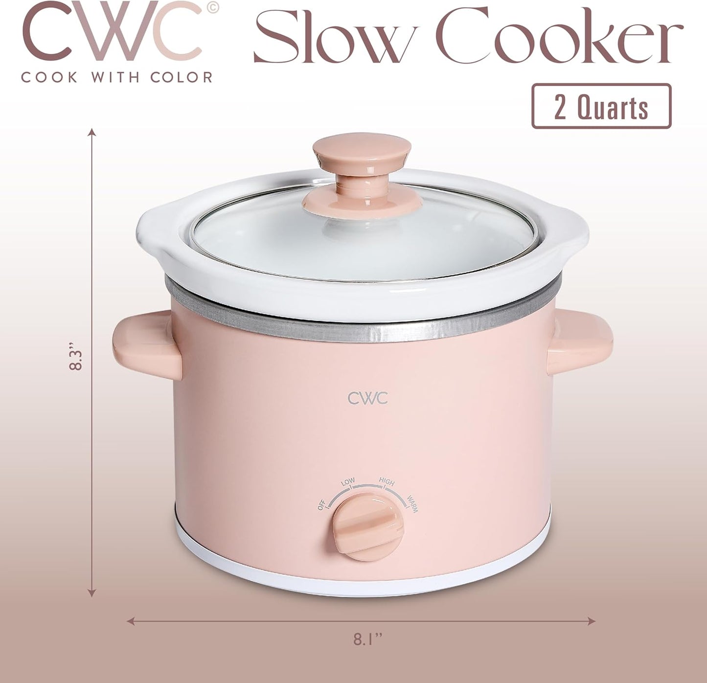 COOK WITH COLOR 2QT Mini Electric Round Slow Cooker - Adjustable Settings, Removable Stoneware Pot, Tempered Glass Lid, Dishwasher Safe, Cool-Touch Side Handles, Dusty Rose