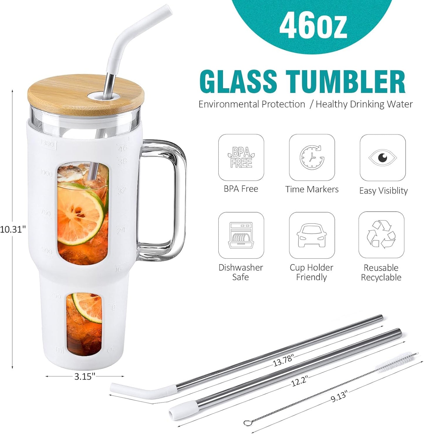 Glass Tumbler with Lid and Straw, 46 oz Iced Coffee Cup with Handle, Large Water Bottles with Silicone Sleeve, Glass Cup with Straws - Pearl Straw & Drinking Straw BPA Free-White