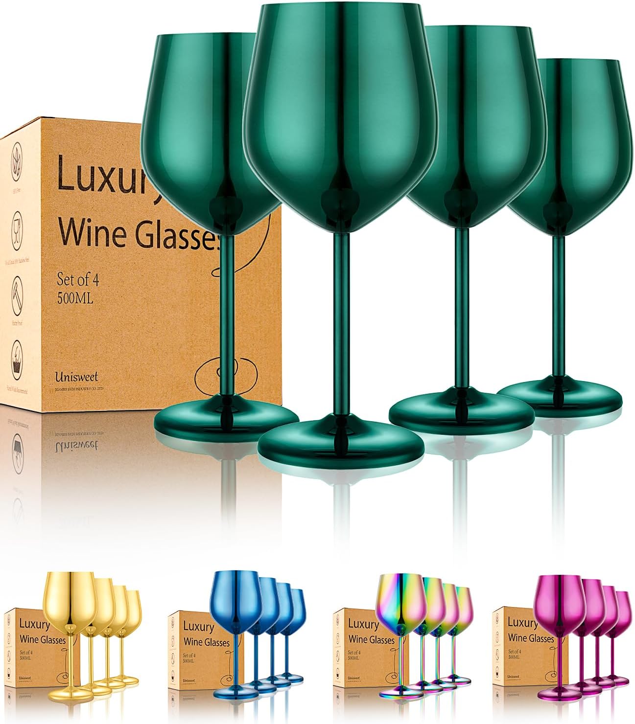 Stainless Steel Wine Glasses Set of 4 Unbreakable Green Wine Glass 18 oz Unique Metal Wine Goblets for Outdoor, Travel, Camping, Pool, Ideal Gift for Wine Lovers