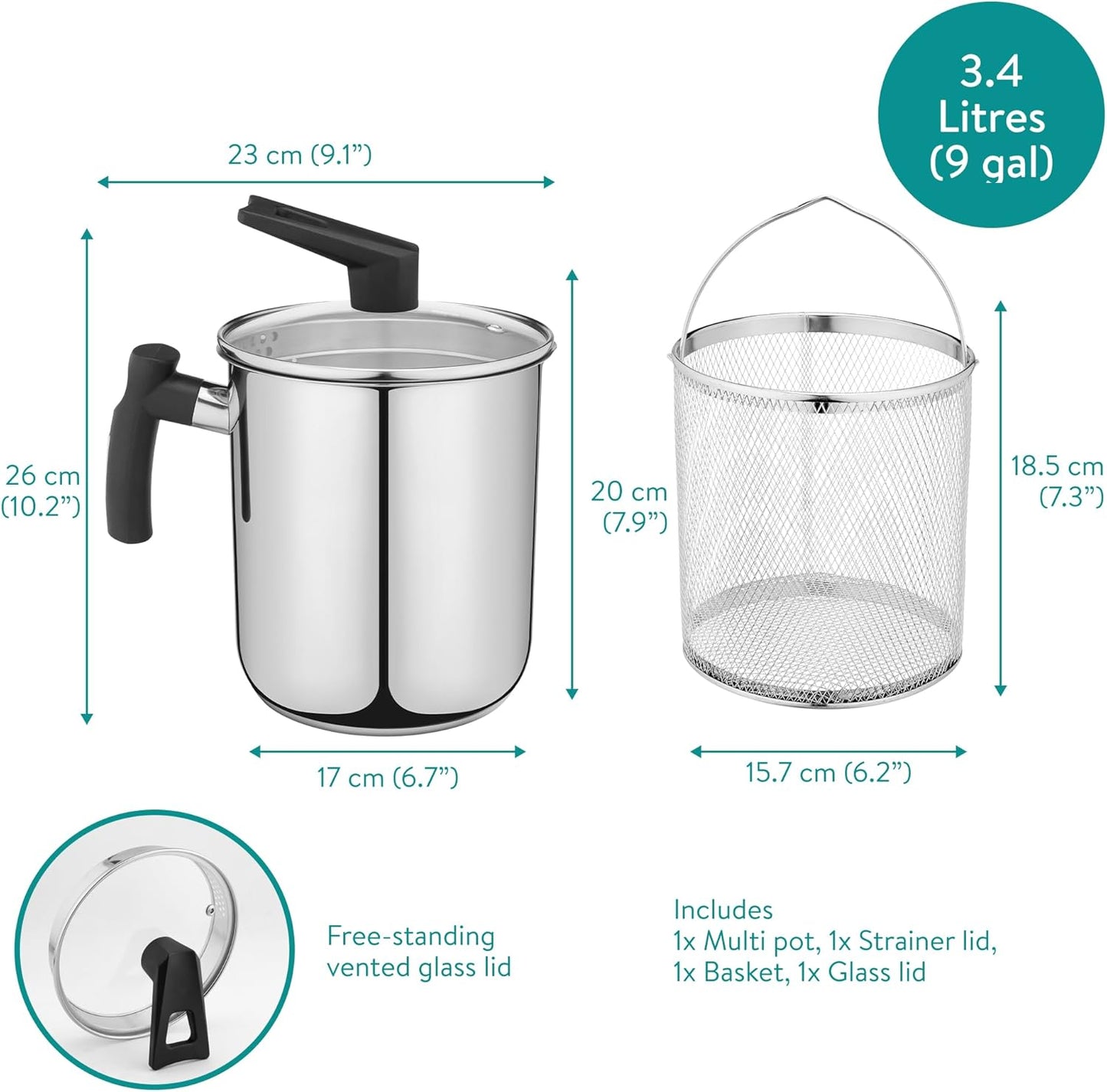 Navaris Stainless Steel Multifunctional Spaghetti Cooker & Steam Pot - 3.4L Capacity - Includes Lid & Basket - Silver