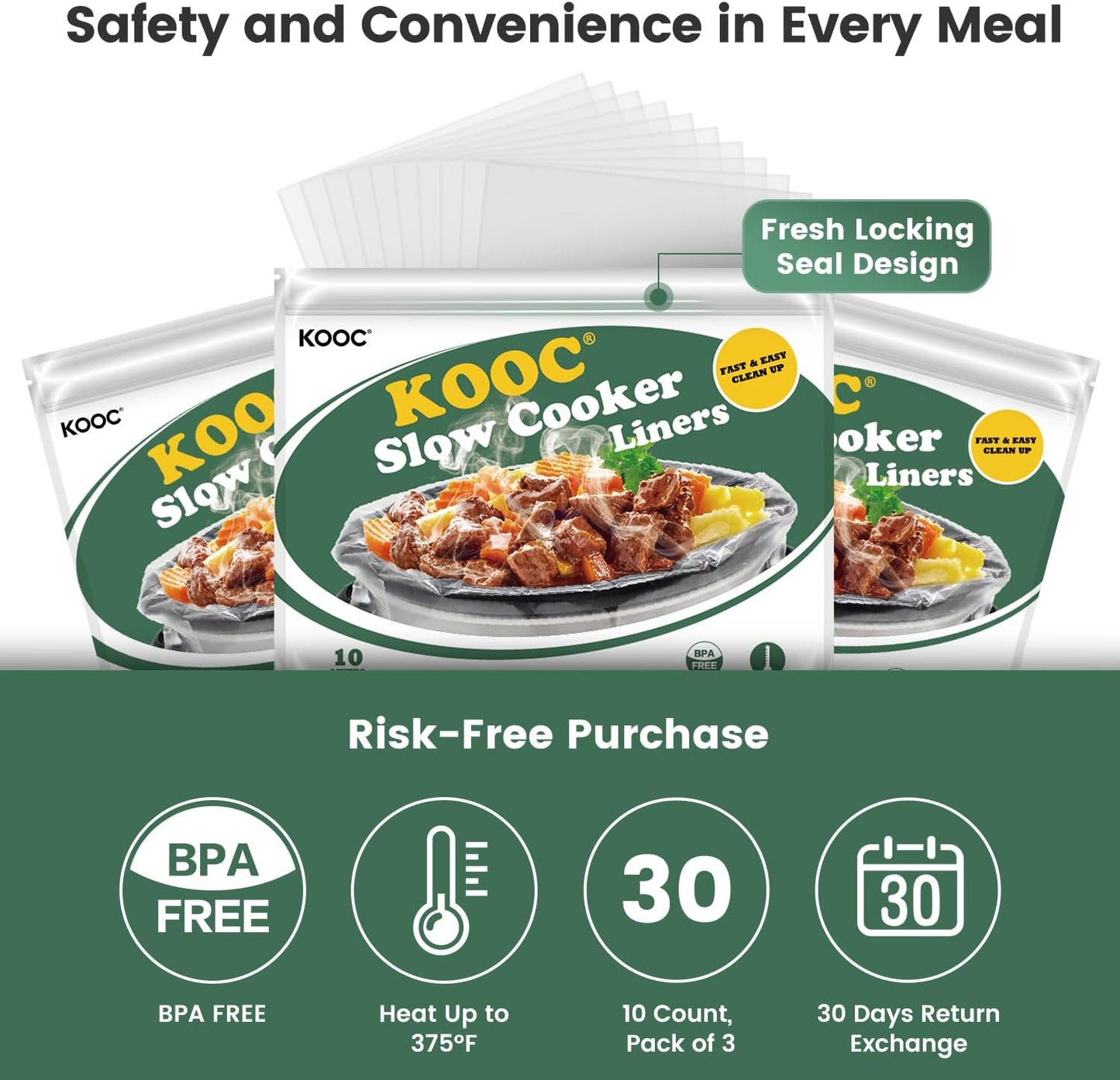KOOC Slow Cooker Liners 11"x17" 30 count Middle Size Disposable Pot Liners Cooking Bags Fit 3 qt to 4 qt Pot BPA Free Fresh Locking Seal Design