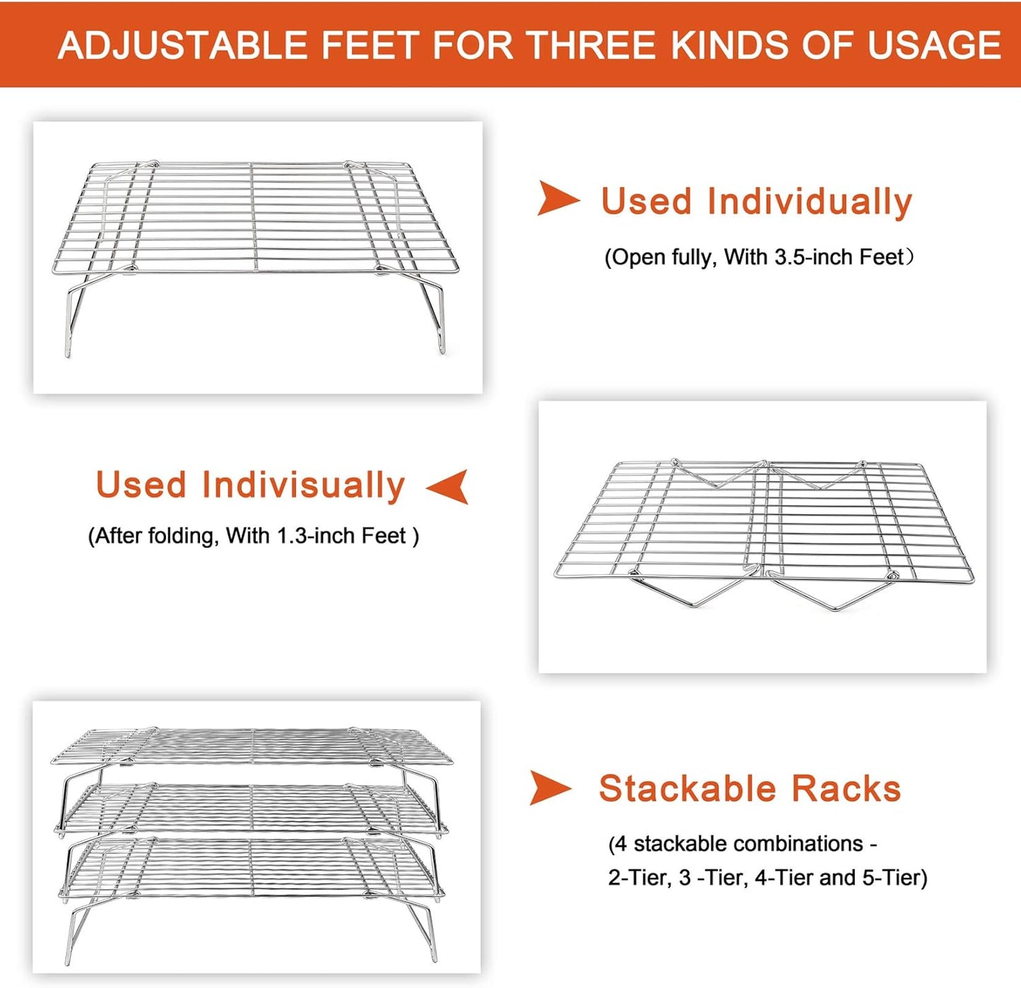 P&P CHEF Cooling Rack, 5-Tier Stainless Steel Stackable Baking Cooking Racks for Cooling Roasting Grilling, Collapsible & Heavy Duty, Oven Safe & Easy Clean, 15" x 10", Silver