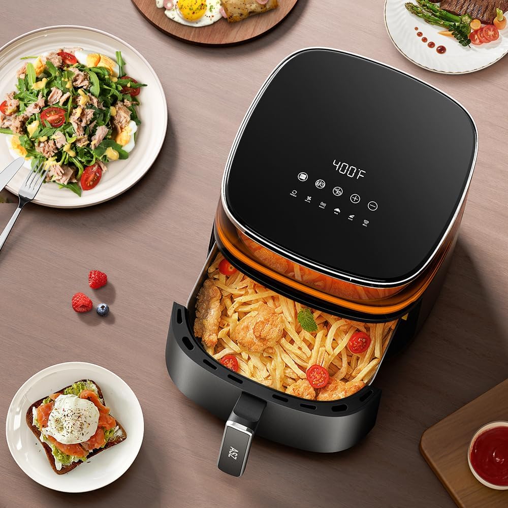 ASZ Digital Air Fryer 6 qt with Window Up - Big Airfryer 6 Presets Preheat Airfry Reheat Bake Roist Broil 400°F Airfrier 85% Oil Less,Nonstick Dishwasher-Safe Parts, Automatic Shutoff