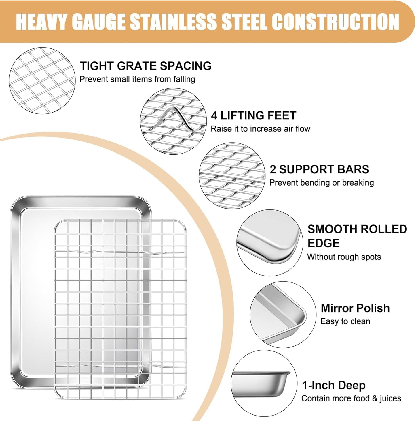 E-far Baking Sheet with Rack Set, 9.5” x 7.3” Stainless Steel Cookie Sheet Baking Pan for Toaster Oven, Mini Metal Tray with Cooling Wire Rack for Cooking Roasting, Non-toxic & Dishwasher Safe