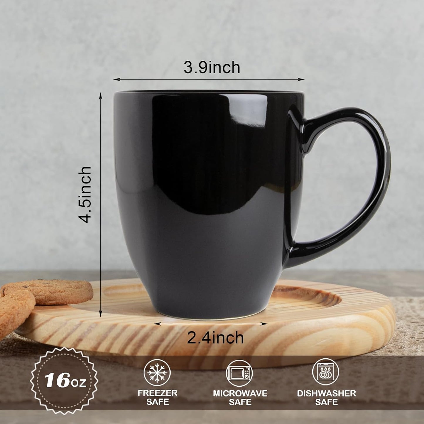 Set of 2 Durable 16 oz Coffee Cups, Large Black Coffee Mugs with Ergonomic Handle, Ceramic Mugs Dishwasher & Microwave Safe, Ideal Tea Mugs for Home, Office, Gifts (Coffee, Tea, Hot Cocoa, Latte Cup)