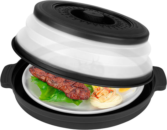 10.7 Inch Microwave Food Cover with Heat Insulation Mat, Anti-Scald Collapsible Microwave Splatter Cover, Multi-Functional as Colander & Fruit Plate, Dishwasher Safe, Ideal for Meal Prep (Black)