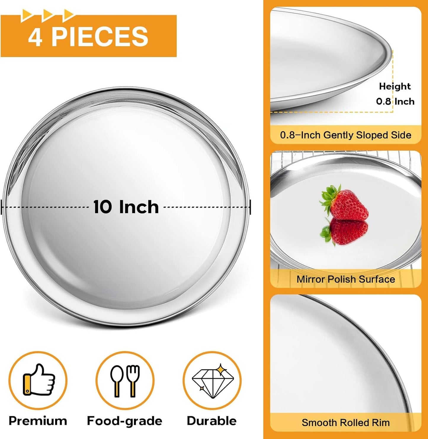 P&P CHEF 10 Inch Pizza Pan, Stainless Steel Round Pizza Tray Baking Pans, Pizzas Plate Serving Tray for Cookie Meat, Oven & Dishwasher Safe & Easy Cleaning, (Mirror Finish) - 4 Pieces