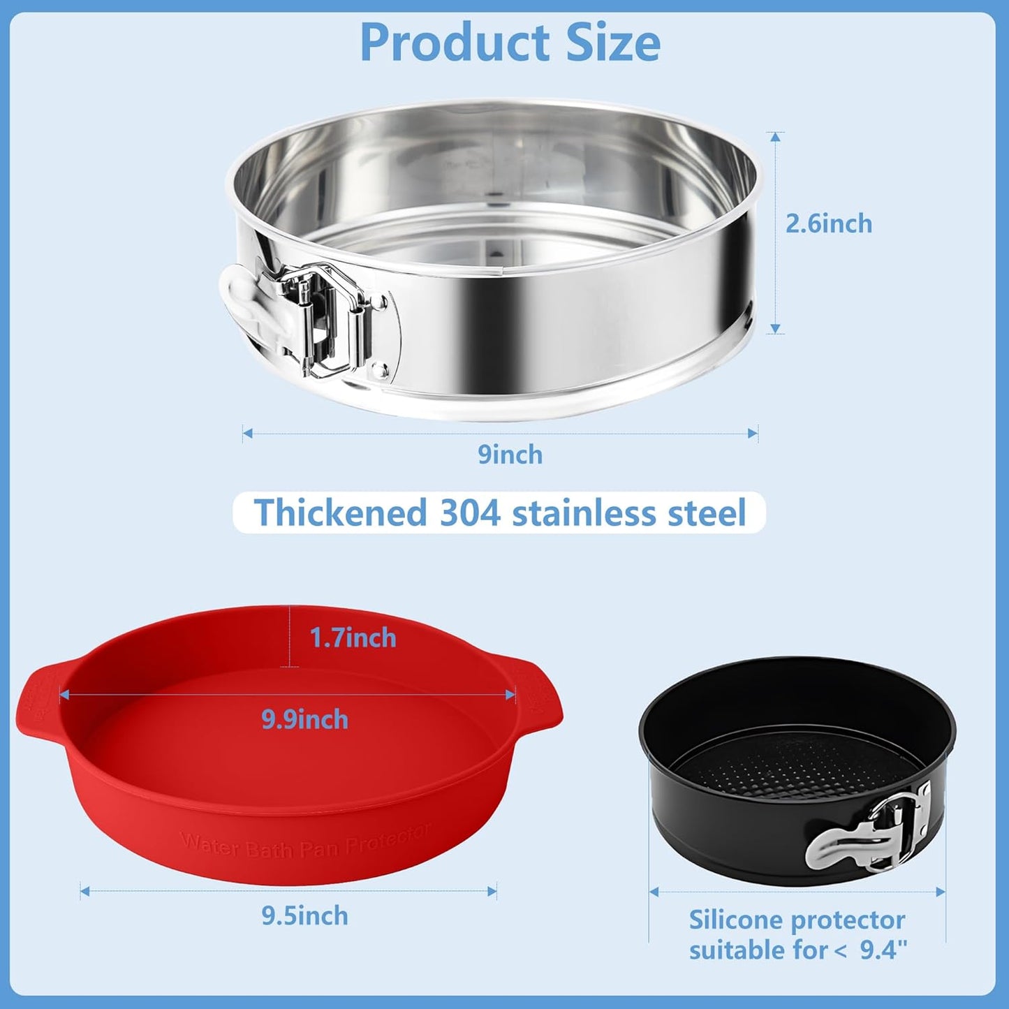 9 Inch Springform Pan - Nonstick 304 Stainless Steel Springform Cake Pan with Removable Bottom, 10 Inch Leakproof Silicone Cheesecake Pan Protector with Parchment Paper