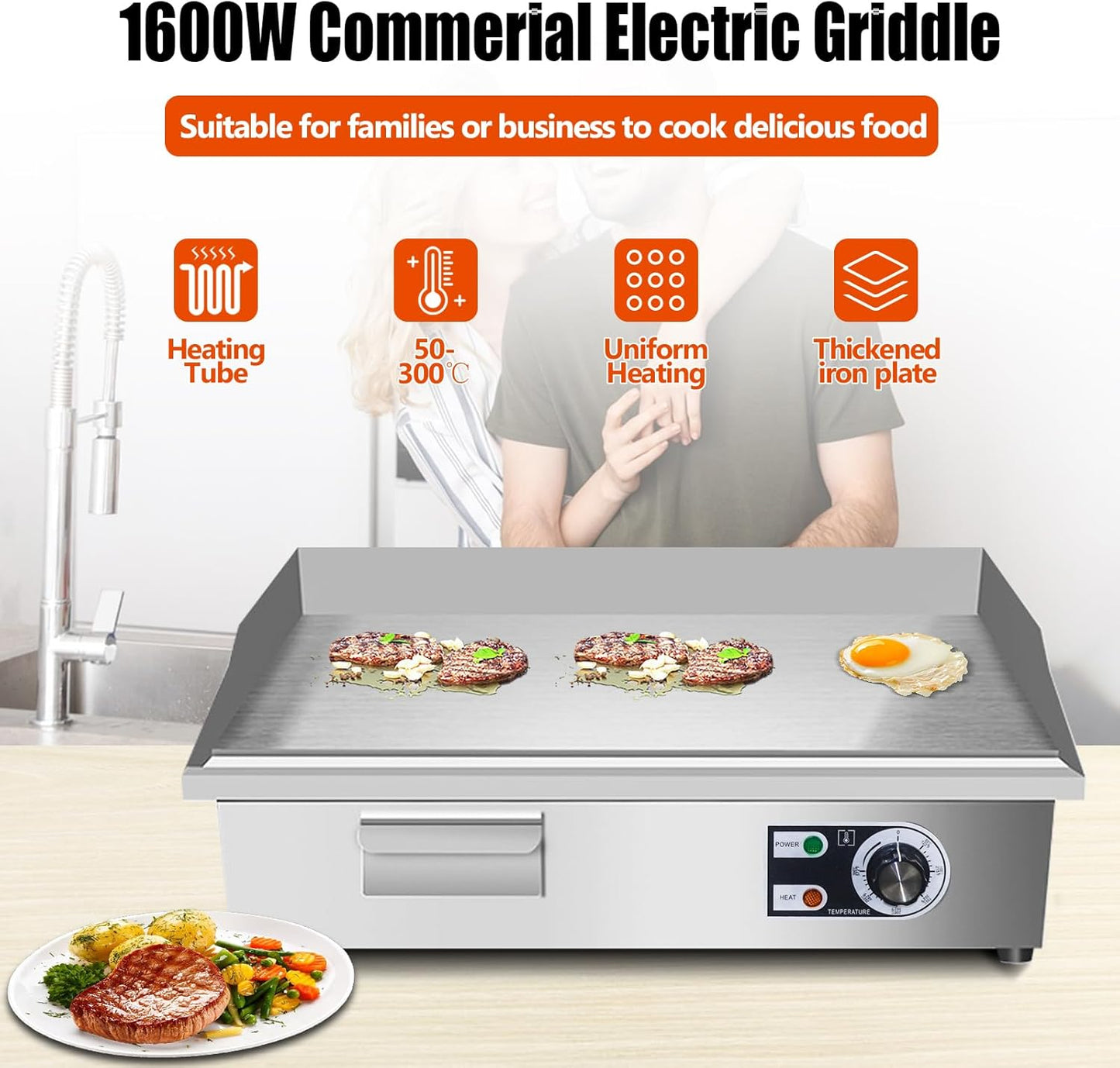 22" Commercial Electric Griddle,Electric Countertop Flat Top Griddle,110V 1600W Electric Flat Top Grill,Non-Stick Restaurant Teppanyaki Stainless Steel Grill,Adjustable Temperature Control