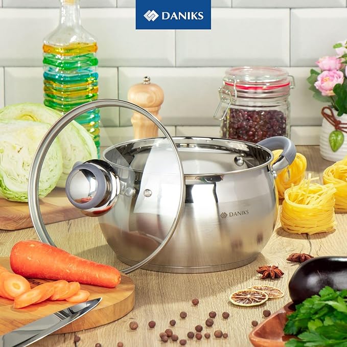 Daniks Modern Stainless Steel Stock Pot with Glass Lid – Induction 3 Quart, Dishwasher Safe, Heatproof Handles, For Soup, Pasta, Stew, Silver