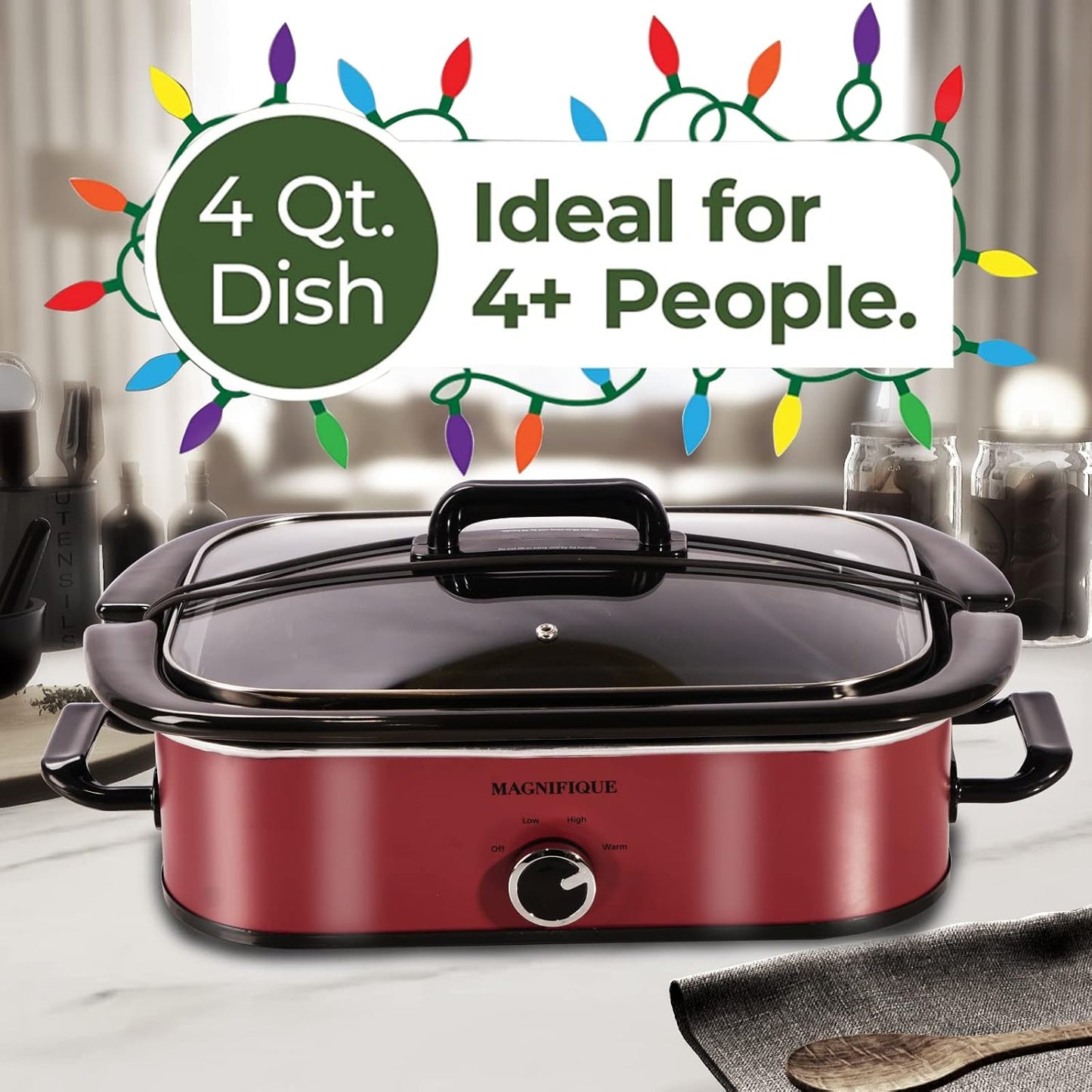 Magnifique 4-Quart Slow Cooker with Casserole Manual Warm Setting - Perfect Kitchen Small Appliance for Family Dinners, Dishwasher Safe Crock, Red