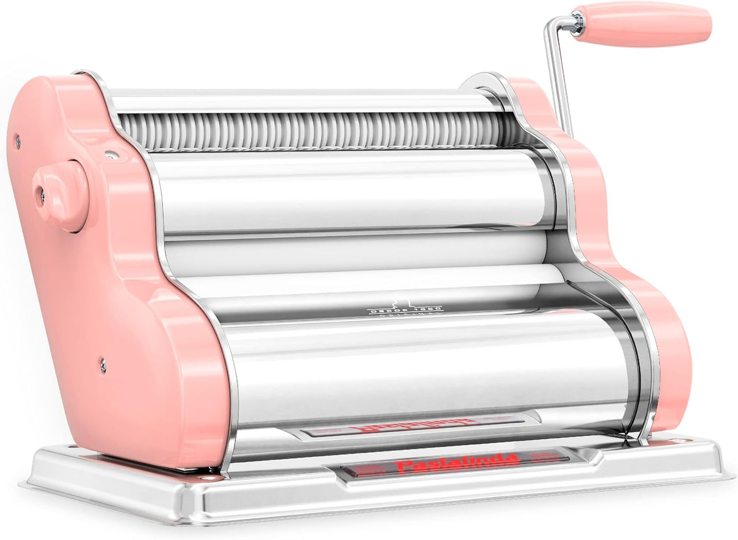 PASTALINDA Classic 260 Pasta Maker Machine, 26 cm Wide Rollers, 9 Thickness Positions, 2 Cutting Positions, Stainless Steel. Includes Reinforced Hand Crank And Two Clamps (Pink)