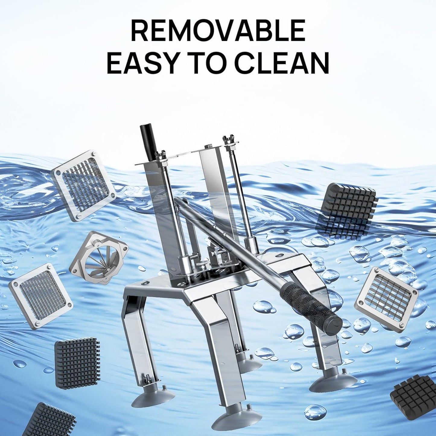 Commercial French Fry Cutter and Vegetable Fruit Dicer with 4 Stainless Steel Blades, Includes 3/8", 1/2", 1/4", and 8-Wedge Blades, Heavy Duty Potato Slicer for Home and Restaurant Use