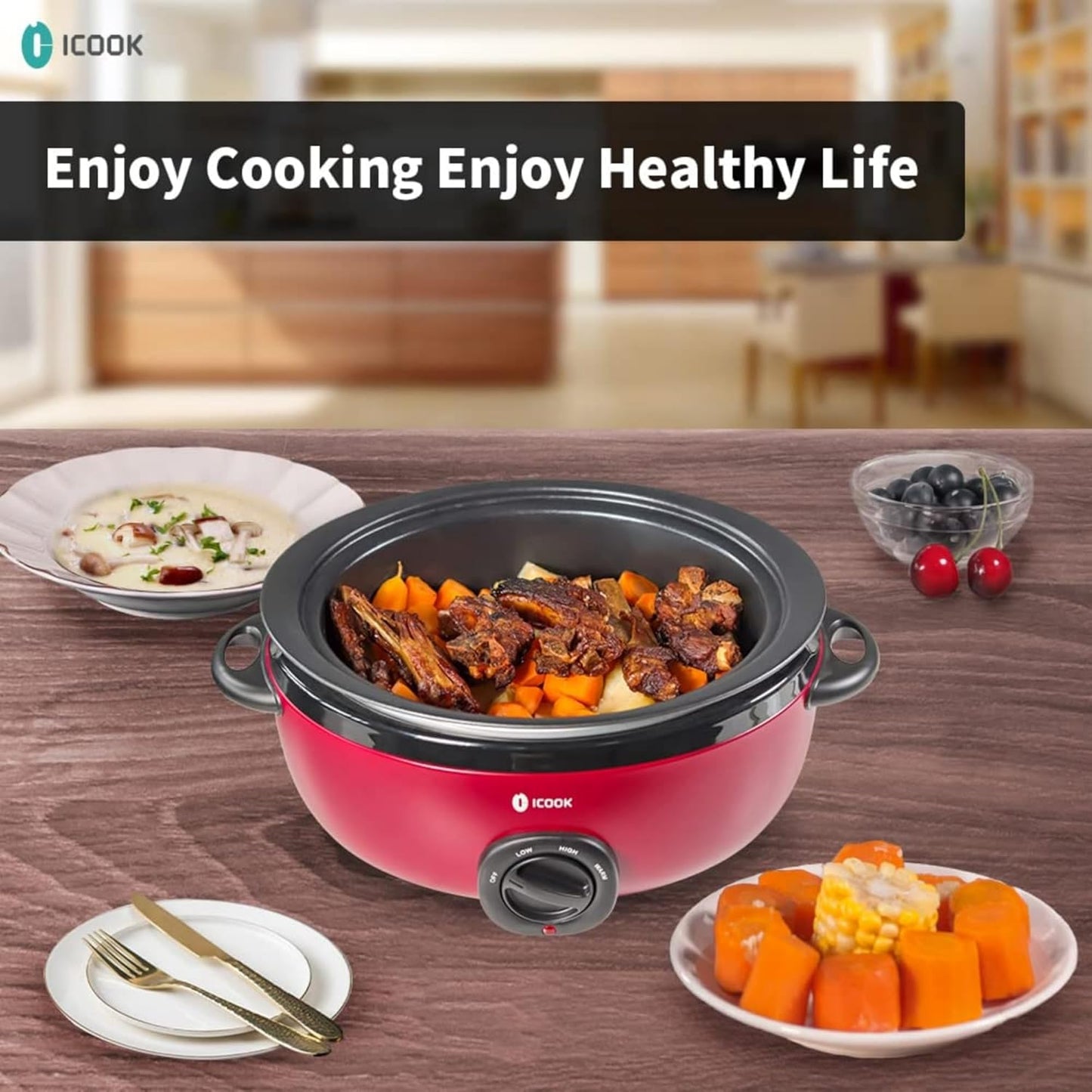 ICOOK 6.5 Quart Slow Cooker, Simmer Pot with Transparent Glass Cover, Cooks Entrees, Adjustable Temp, Sauces, Soups, Roasts, Stews and Dips (Red)