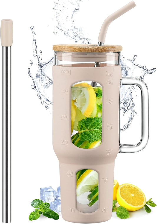 Glass Tumbler with Lid and Straw, 46 oz Iced Coffee Cup with Handle, Glass Water Bottles with Silicone Sleeve, Glass Cup with Straws - Pearl Straw & Drinking Straw BPA Free-Amber