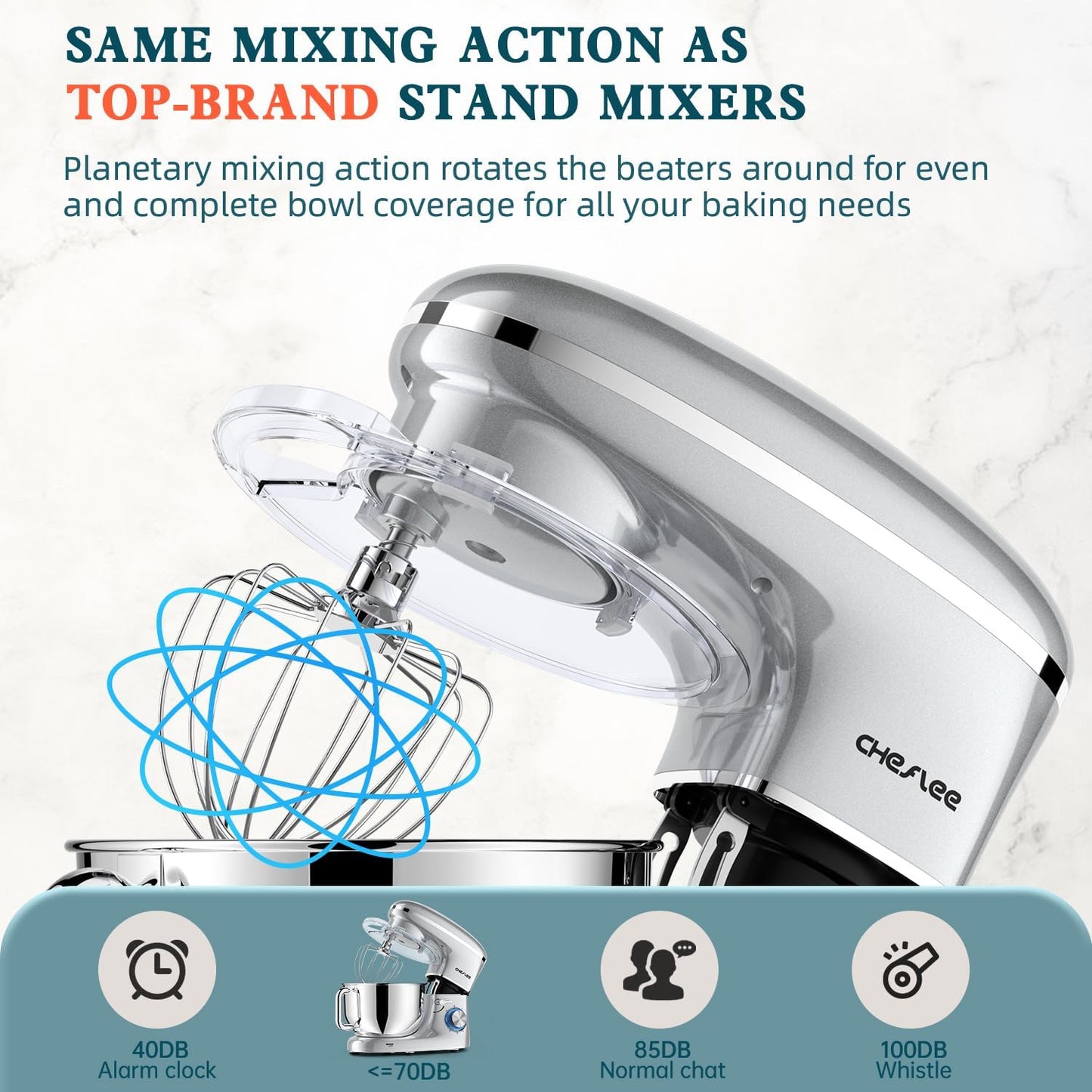 CHeflee Stand Mixer,660W 6+P With 6.5QT Stainless Steel Bowl,Dough Hook, Wire Whip & Beater,for Most Home Cooks,Silver