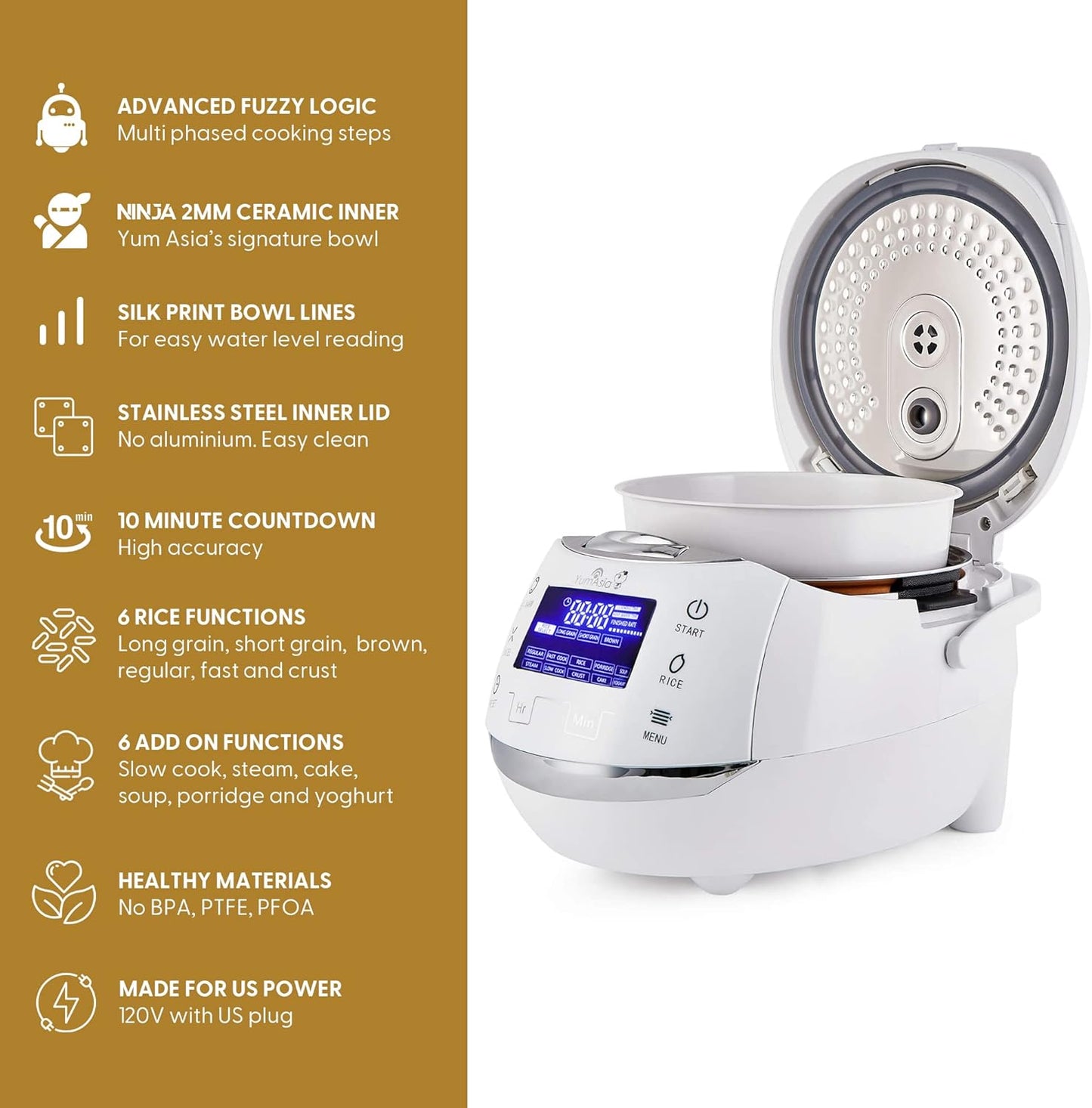 Yum Asia Sakura Rice Cooker with Ceramic Bowl and Advanced Fuzzy Logic (8 Cup, 1.5 Litre) 6 Rice Cook Functions, 6 Multicook Functions, Motouch LED Display, 120V Power (White and Siver)