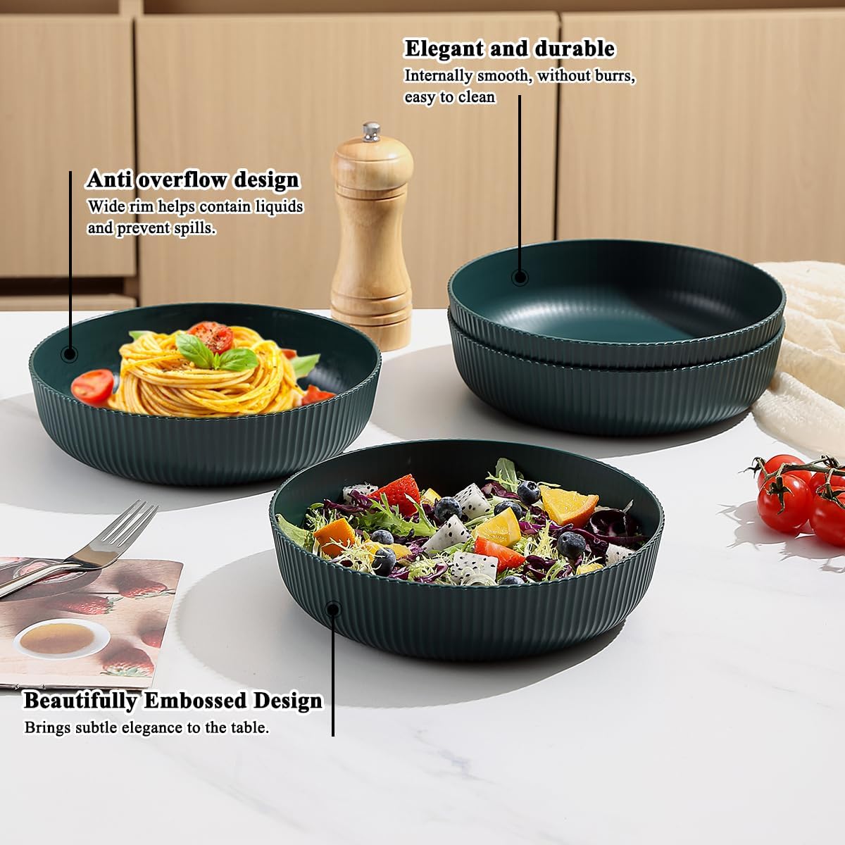 Kyraton Pasta Bowls Set of 4, 37oz Salad Bowls Soup Bowls Large Pasta Serving Bowl Plastic Unbreakable Serving Dishes Dinner Bowls (Dark Green)