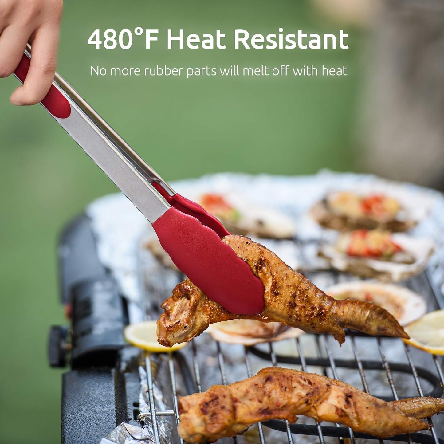 U-Taste Kitchen Tongs, 7/9/12 inches Cooking Tongs, with 480ºF High Heat-Resistant Non-Stick Silicone Tips, 18/8 Stainless Steel Handle, for Food Grill, Salad, BBQ, Frying, Serving, Pack of 3 (Red)