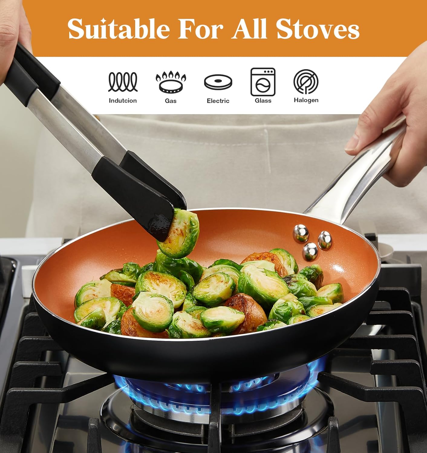 KOCH SYSTEME CS 10in Copper Nonstick Frying Pans with Lids and Titanium Ceramic Interior,100% PFOA-Free Saute Pan/Skillet for All Stove Tops,Stainless Handle,Omelet Pan Cookware