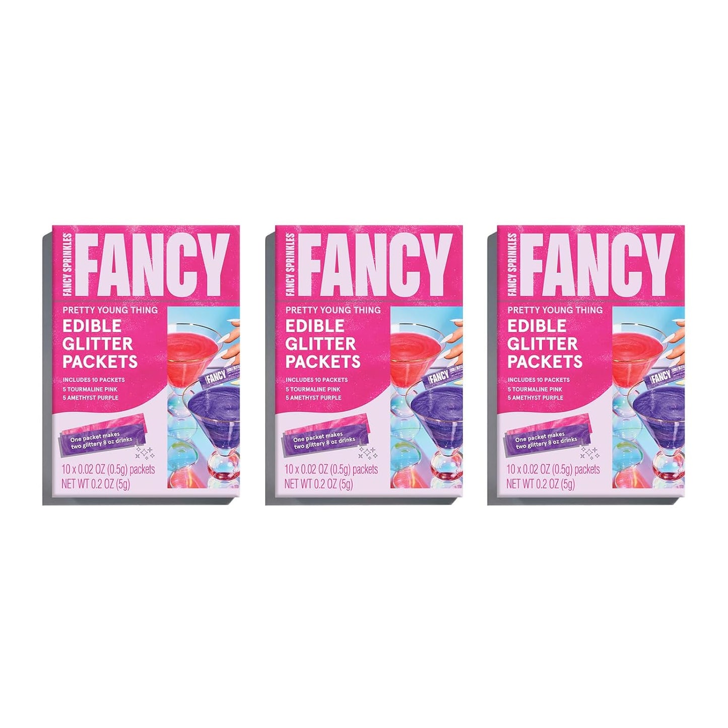 Fancy Sprinkles Pretty Young Thing Edible Glitter Packets Portable & On-The-Go for Sparkling Drinks, Champagne, Cocktails, Wine, Beer, & more. (3 Pack)