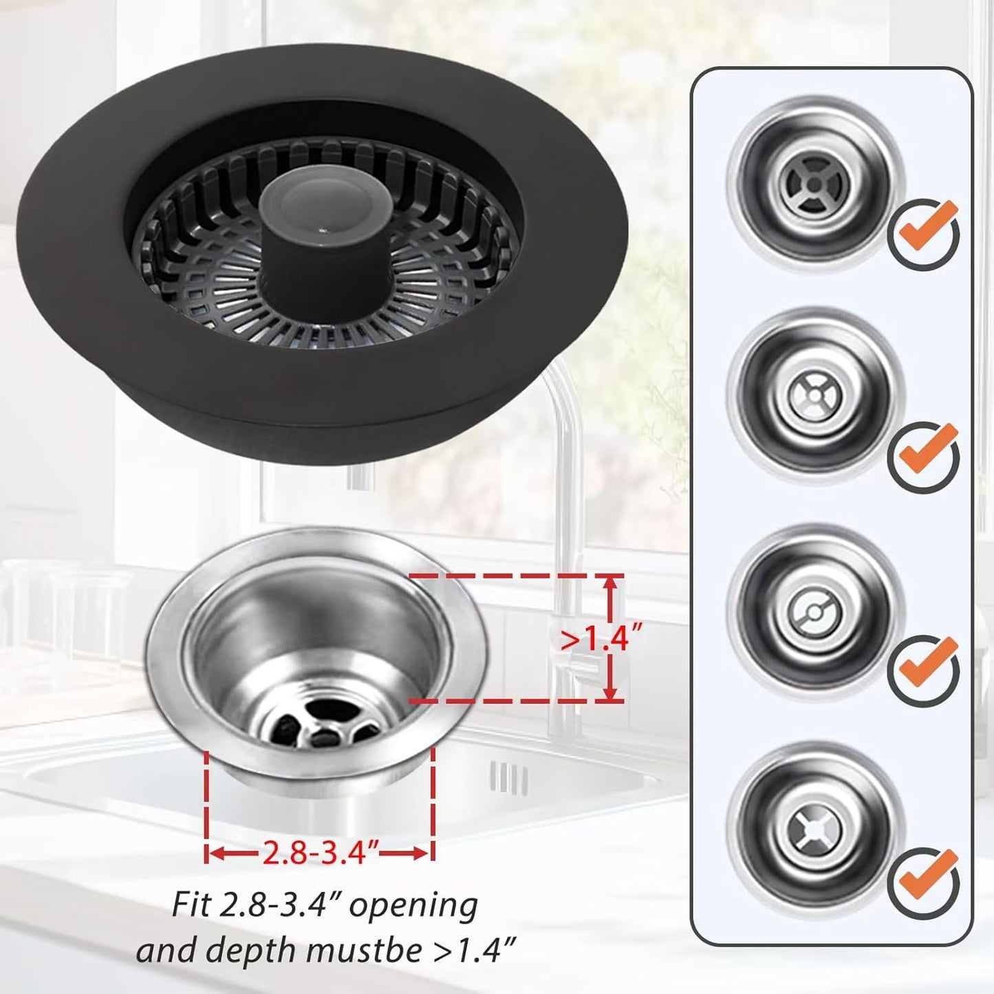 Kitchen Sink Drain Strainer, 3 in 1 Pop Up Kitchen Sink Stopper, with An Extra Basket Strainer, Universal for US Standard 3-1/2 Inch, Black