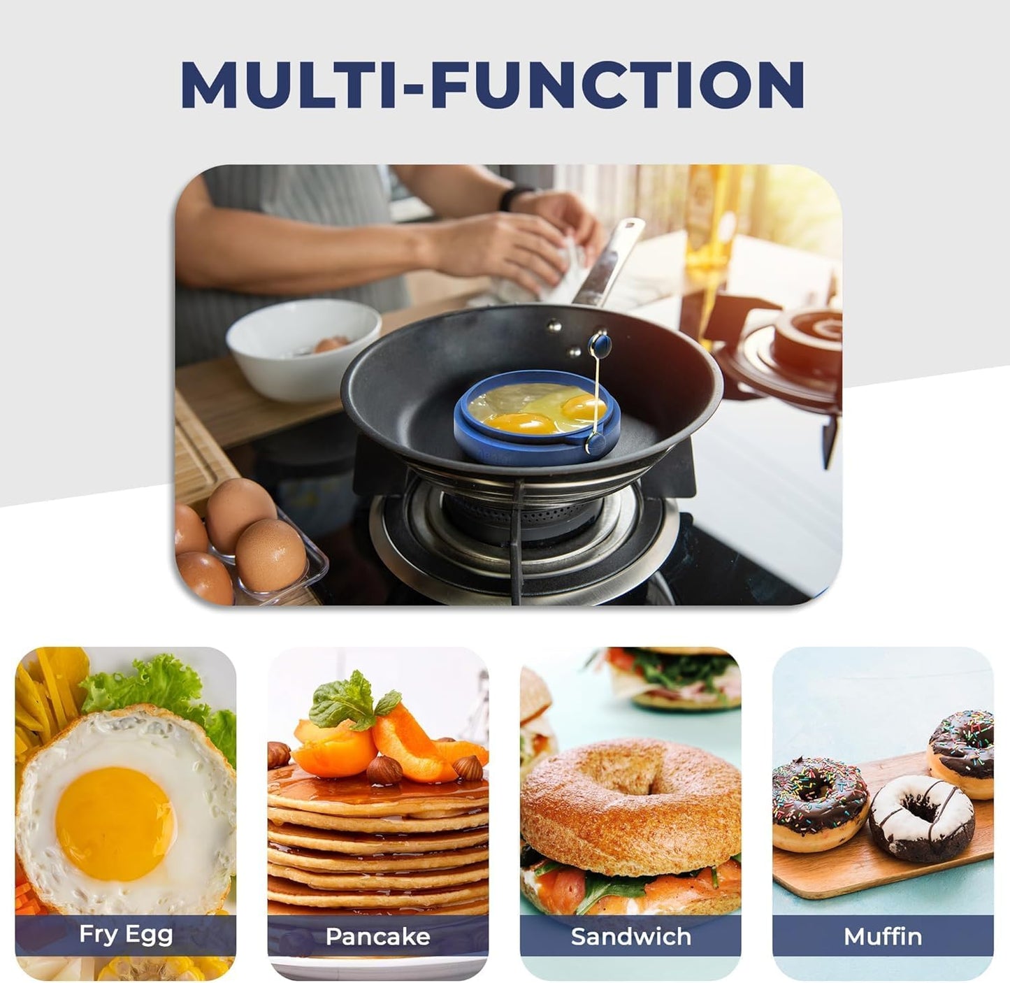 Professional 4 Inch Silicone Egg Ring, Pancake Mold Egg for Breakfast Sandwiches, Omelets and More, Nonstick Mold Ring, Round Blue (Pack of 2), Free e-Book by Abam (Blue & Red)