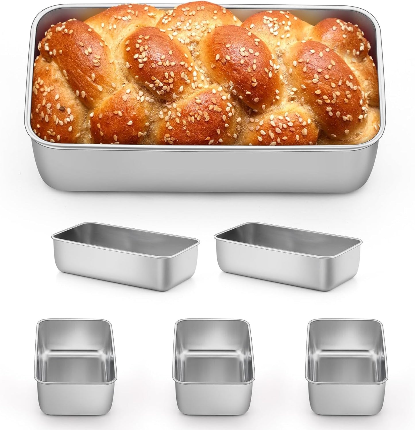 P&P CHEF Loaf Pan Set, 9 x 5 Inch Bread Pans, Stainless Steel Loaf Toast Baking Pans For Bread Meatloaf Lasagna Cake, Healthy & Non Toxic, Oven & Dishwasher Safe, (Silver, 6Pcs)