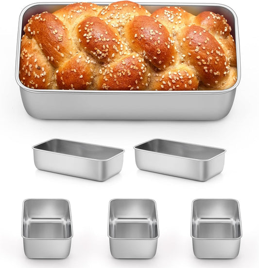 P&P CHEF Loaf Pan Set, 9 x 5 Inch Bread Pans, Stainless Steel Loaf Toast Baking Pans For Bread Meatloaf Lasagna Cake, Healthy & Non Toxic, Oven & Dishwasher Safe, (Silver, 6Pcs)