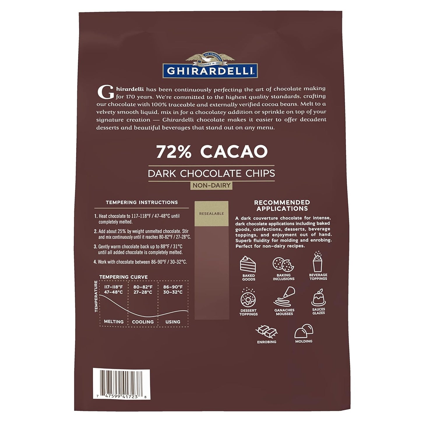 Ghirardelli Chocolate Company 72% Cacao Dark Chocolate Chips, 5lb. Bag (Pack of 2)