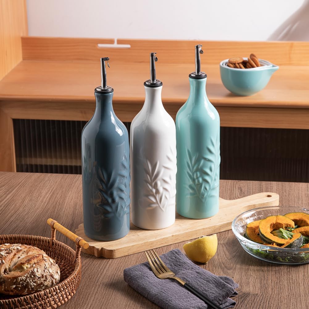 Sweejar Ceramic Olive Oil Dispenser Bottle, 24 Oz Relief Design EVOO Oil and Vinegar Dispensing Bottle with Spout for Kitchen, Set of 1 (Turquoise)