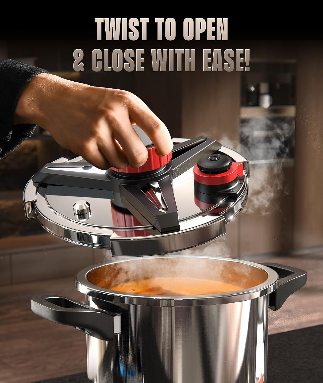 18/8 Stainless Steel Pressure Cooker 10 QT, [Save 70% Cooking Time] Olla De Presion with Food-Grade Body [One Hand Operation] Rotating Lock/Unlocking Lid System, Steam Rack Included