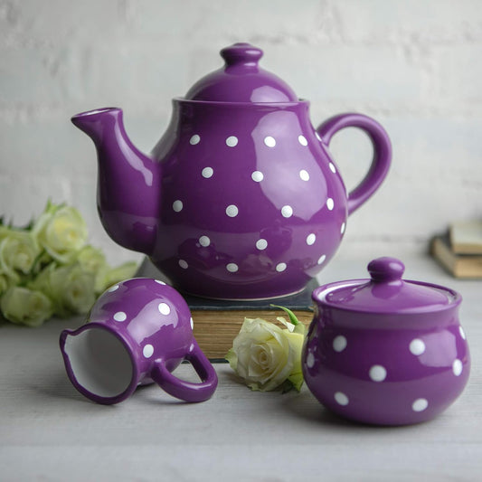Handmade Purple and White Polka Dot Large Ceramic 1,7l/60oz/4-6 Cup Teapot, Milk Jug, Sugar Bowl Set, Pottery Tea Set, Housewarming Gift for Tea Lovers by City to Cottage®
