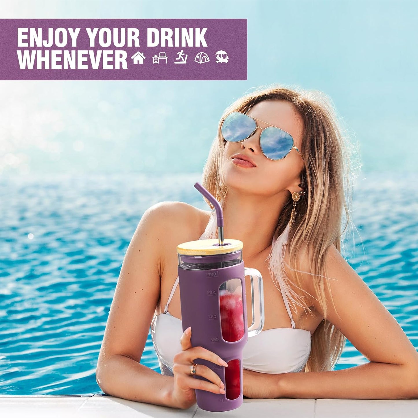 Glass Tumbler with Lid and Straw, 46 oz Iced Coffee Cup with Handle, Glass Water Bottles with Silicone Sleeve, BPA Free-Purple