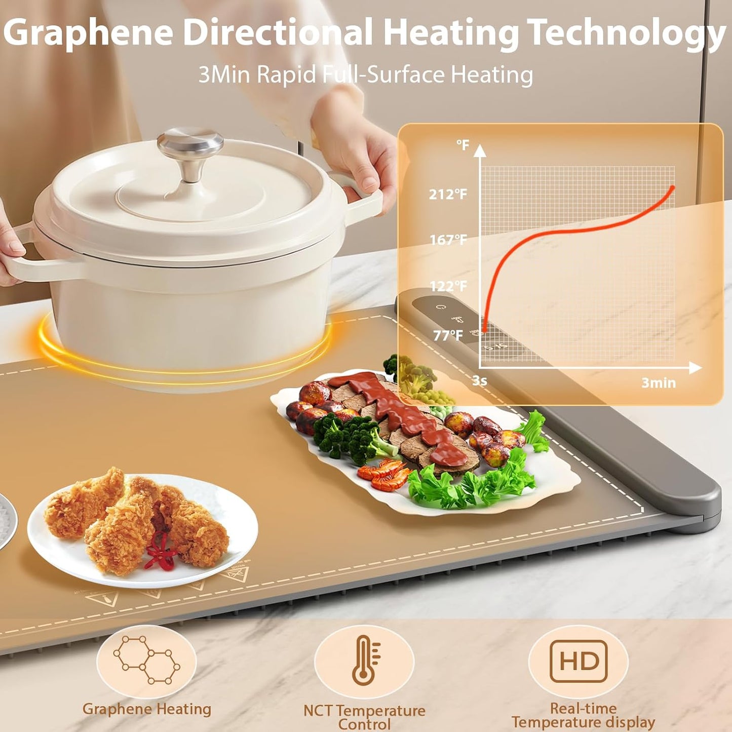Food Warming Mat, Upgrade Graphene Electric Warming Tray, Fast Full Surface Heating Mat with 6 Level Adjustable Temperature and 6 Hours Timer, Silicone Food Warmers for Gatherings,Parties,Everyday Use