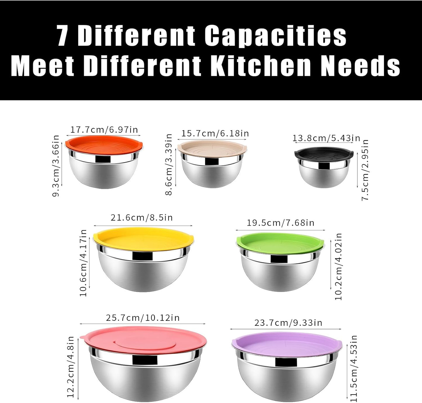 Lazycorner Stainless Steel Mixing Bowls with Airtight Lids Set of 7 Stainless Steel Bowls Set with 3 Grater Attachments Great for Serving & Baking