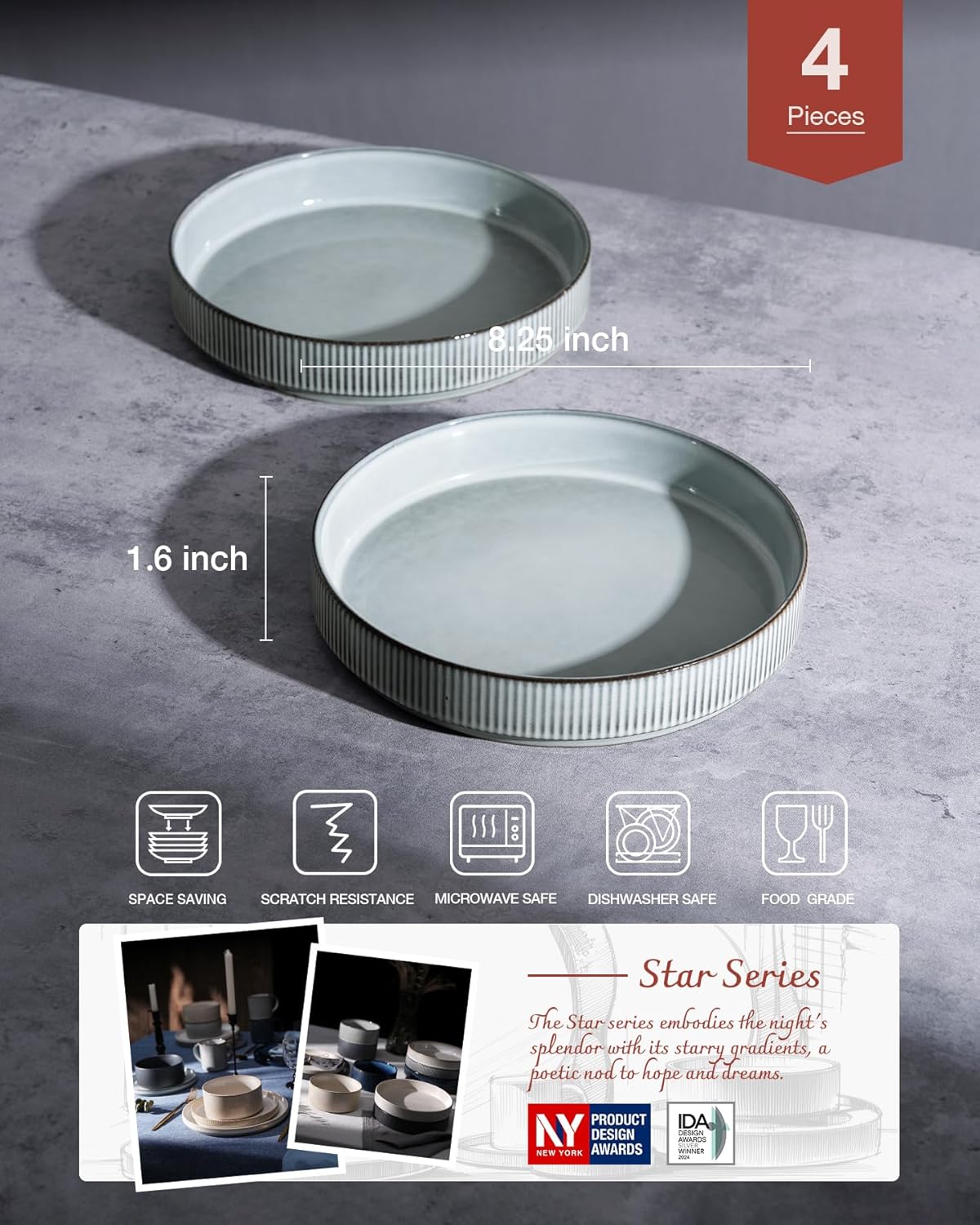 famiware Star 8.25" Pasta Bowls, Large Dinner Bowls Set of 4, Salad Bowl Plates, Shallow Bowls for Eating, Smoky Blue