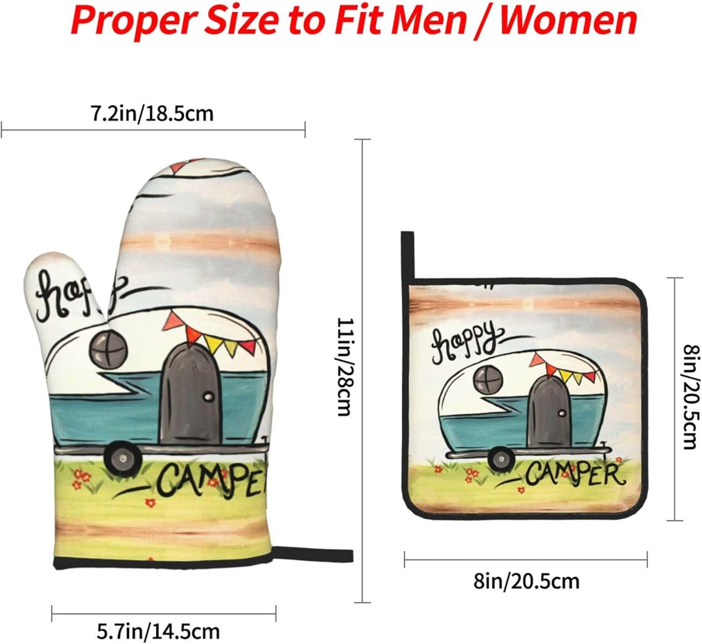 Happy Camper Oven Mitts and Pot Holders Sets of 4,Resistant Hot Pads with Polyester Non-Slip BBQ Gloves for Kitchen,Cooking,Baking,Grilling
