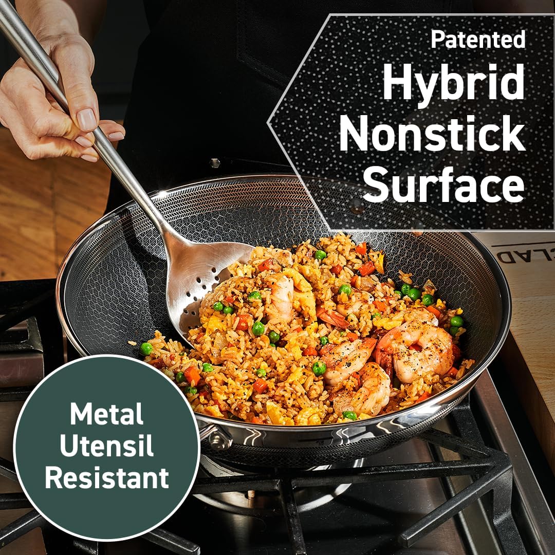 HexClad Hybrid Nonstick 12-Inch Wok, Stay-Cool Handle, Dishwasher-Friendly, Oven-Safe Up to 900°F, Induction Ready, Compatible with All Cooktops
