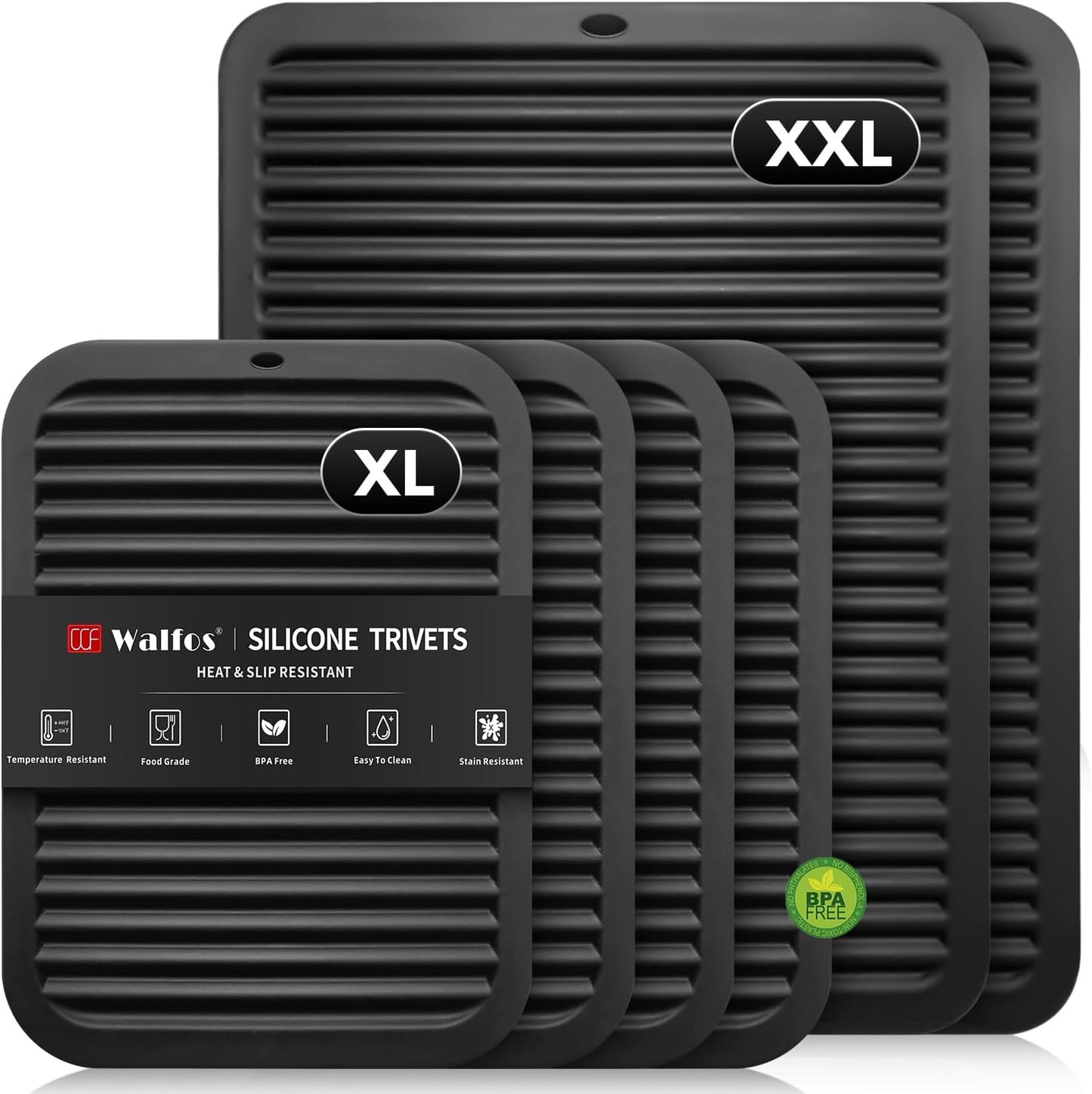 Walfos XXL Silicone Trivet 16 Inch and Trivets Mats 12 Inch, Trivets for Hot Pots and Pans, Heat Resistant Pot Holders Hot Pads for Kitchen Quartz Countertops, Hot Dishes, 6 Pack