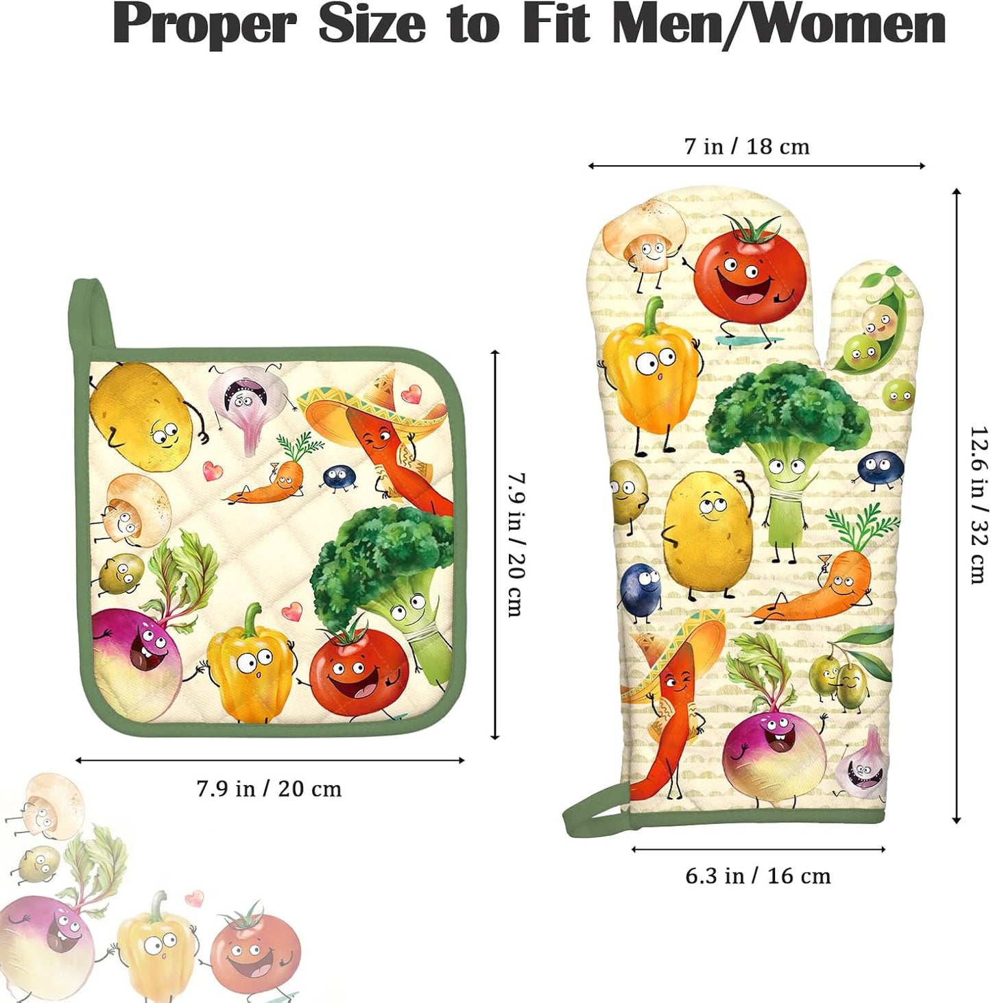 Vegetables Oven Mitts and Pot Holders Sets 4Pcs, 100% Cotton Heat Resistant, Extra Long Oven Gloves Potholder for Kitchen Cooking Baking Decoration