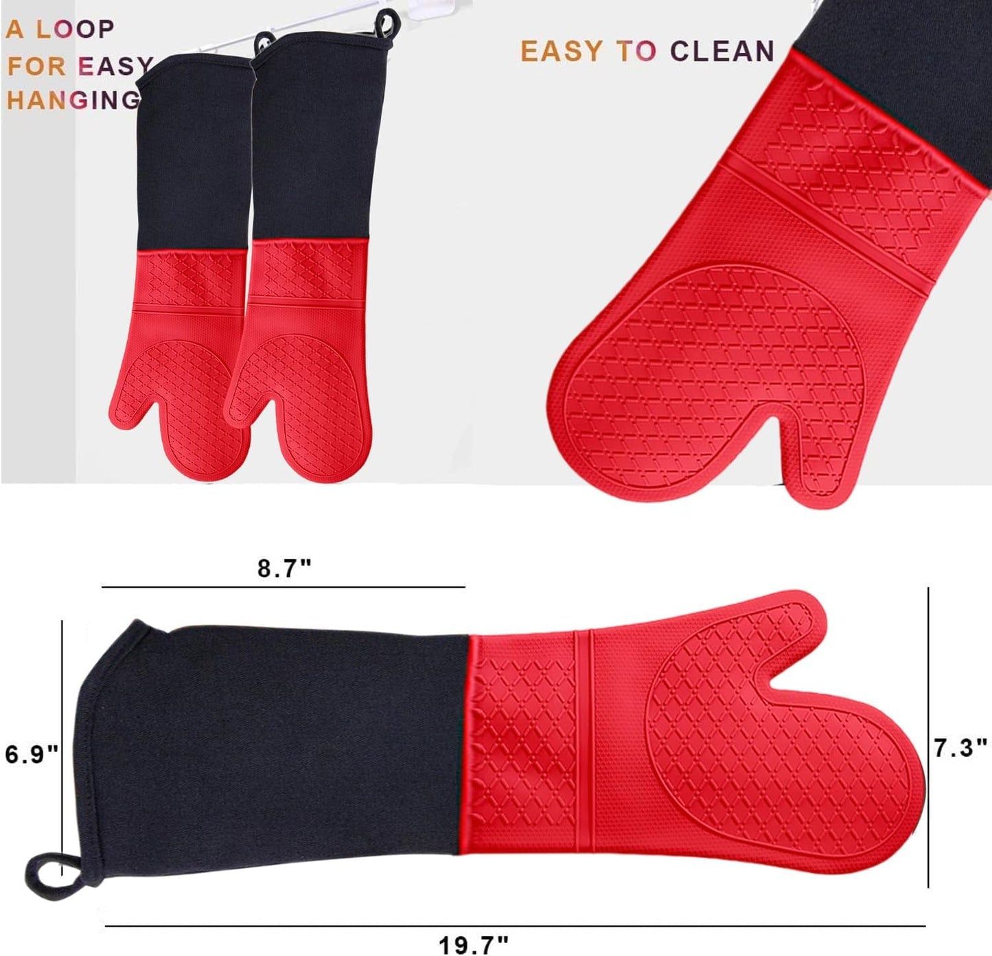 Extra Long Silicone Oven Mitts Heavy Duty Commercial Grade Oven Mitts Heat Resistant BBQ Gloves with Quilted Cotton Lining 2 Pack (Red)