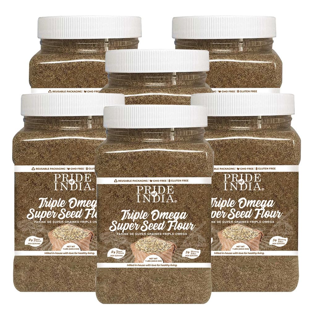 Pride of India - PACK of 6 - Triple Omega Superseed Flour 1 lbs (454 gm) Nutty Earthy Taste Milled in Small Batches | Chia Flax Sesame Seed mix | Used for Cooking Baking Coating Muffins Smoothies
