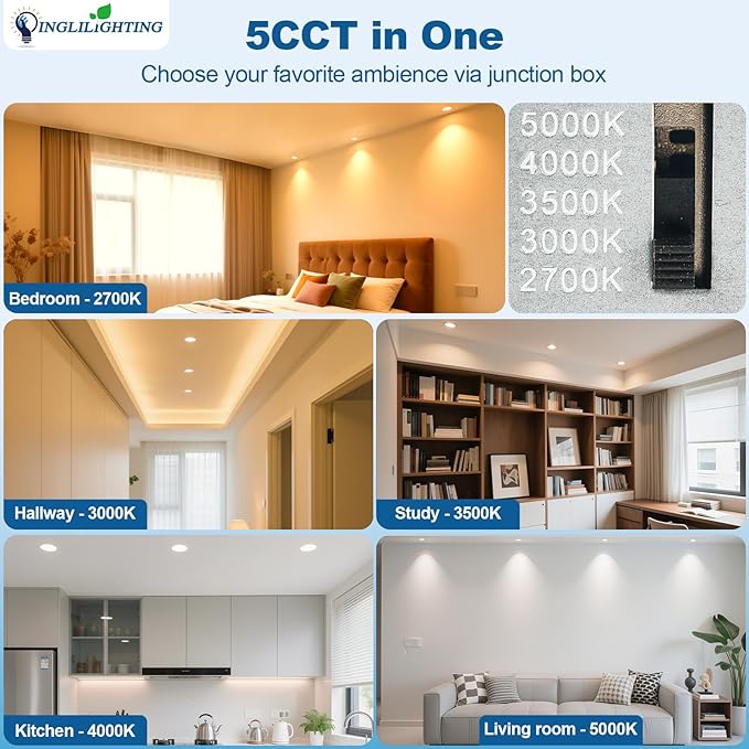 DLLT LED Recessed Ceiling Light: 6 Pack 6 Inch Slim Recessed Lighting for Kitchen - 5CCT Dimmable Canless Wafer Downlight for Living Room - 1200LM Brightness 12W Can Lights for Bedroom ETL FCC