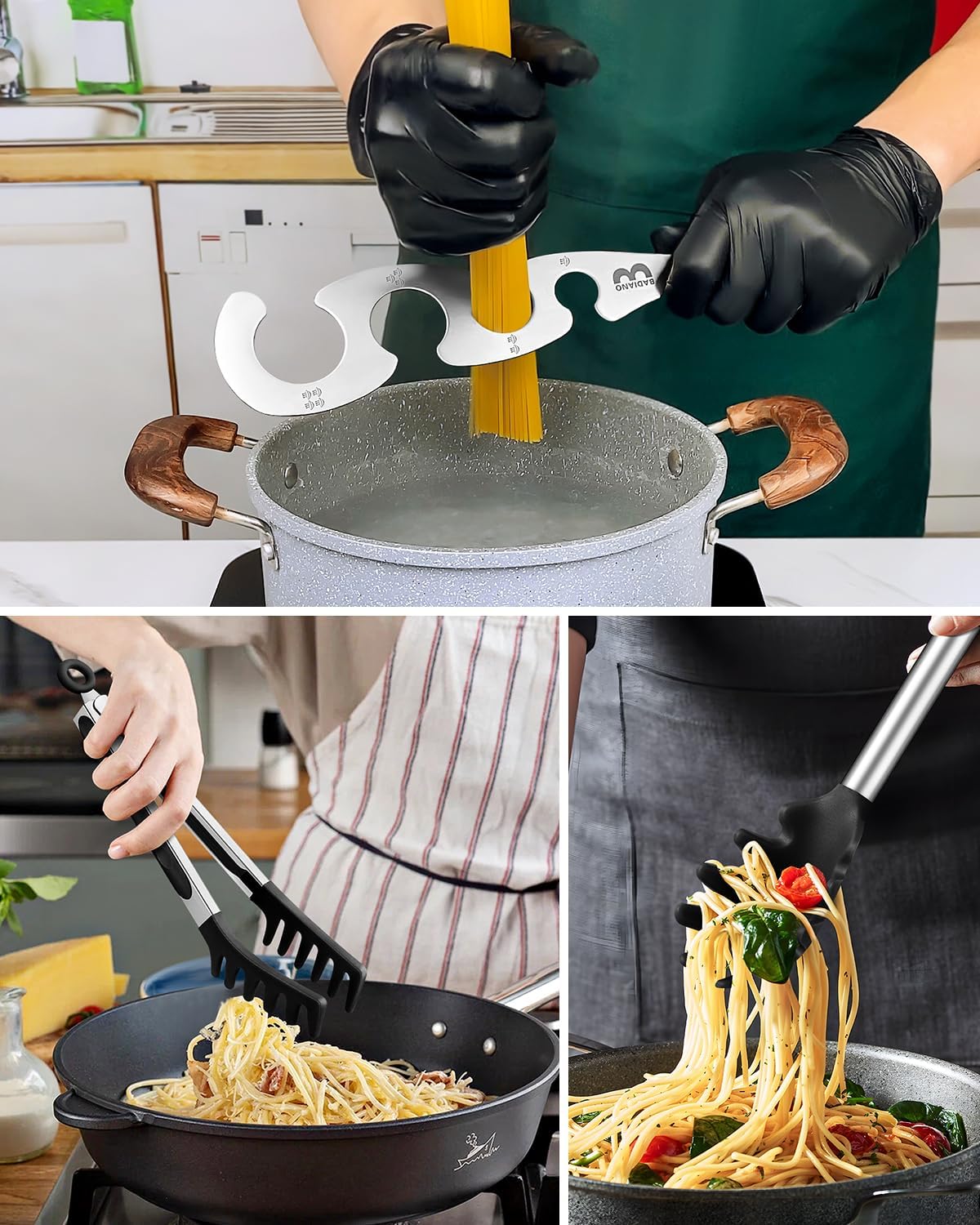 Silicone Spaghetti Spoon & Pasta Tong With Pasta Measurer, 3 Pack of Non-Stick Stainless Steel Handle Pasta Fork Set with Teeth, Food Clip for Easy Serving of Noodles (BLACK)