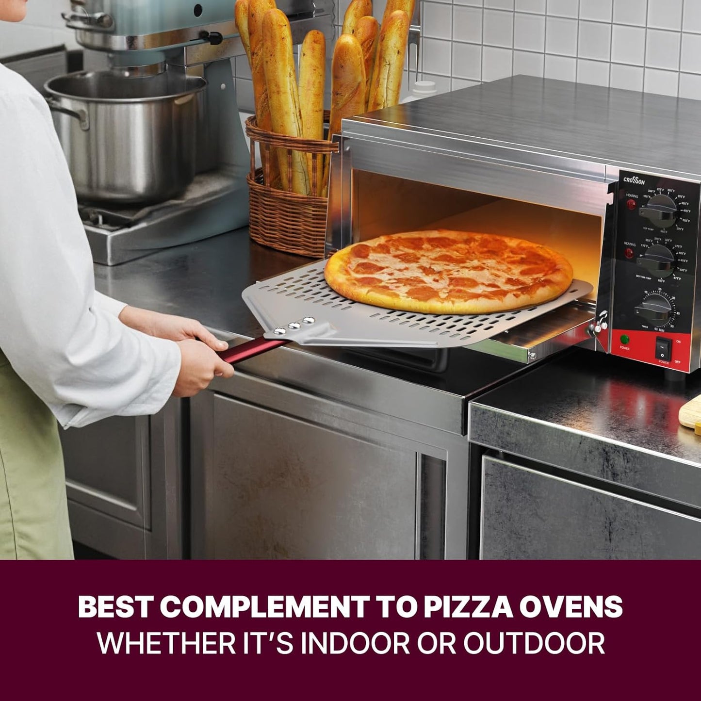 crosson 14”×18“ Perforated Pizza Peel, Pizza Spatula Paddle, Lightweight Pizza Turning Peel with 16“ Long Handle, Pizza Oven Accessories, Pizza Tools, Rectangle Pizza Turner