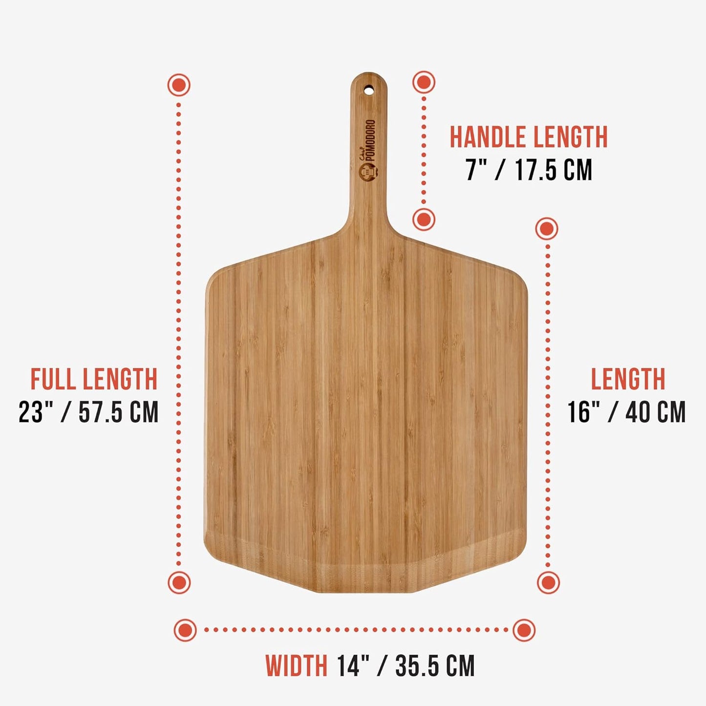 Chef Pomodoro Wooden Pizza Peel 14 inch, Homemade Wood Pizza Paddle, Board with with Handle, Indoor and Outdoor Oven Accessories, Spatula Gourmet Prep Shovel for Launching and Serving Pies and Bread