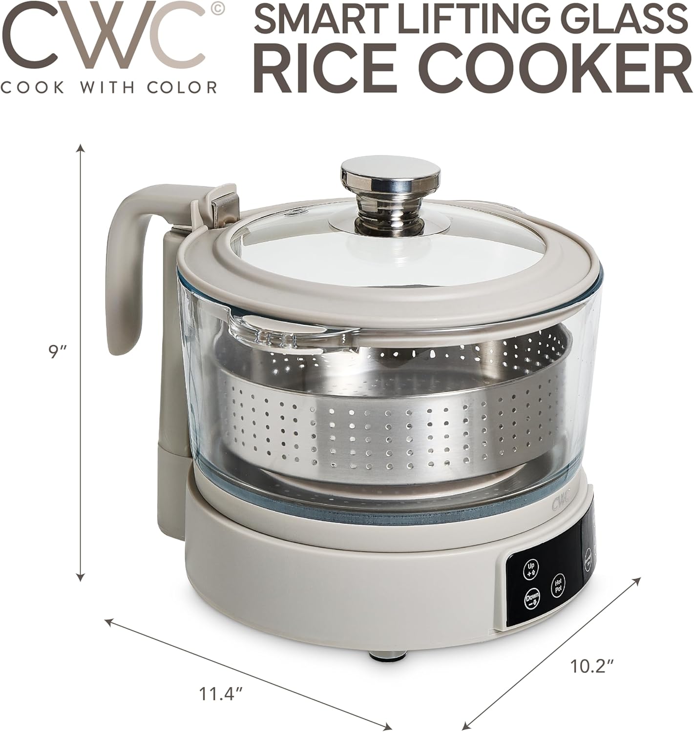 COOK WITH COLOR 3L Glass Low Carb Rice Cooker - Makes 6 Cups Low Sugar Rice with Auto Lift Filter Basket, Hotpot & Steamer for Rice, Grains and Oats, Digital Panel with Keep Warm Function, Sand