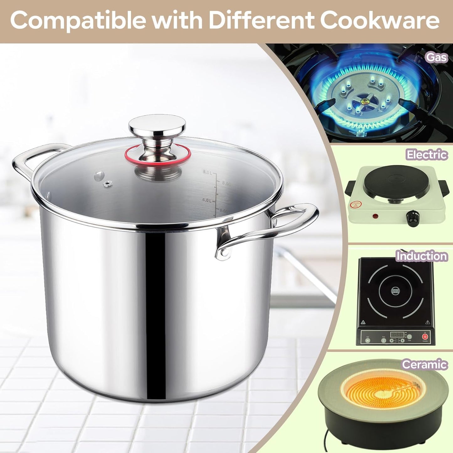 LIANYU 10 Quart Pot with Lid, 10QT Tri-Ply Heavy Duty Stock Pot, 18/10 Stainless Steel Stockpot, Canning Pasta Cooking Stockpot for Induction, Gas&Electric Cooktops, Visible Lid