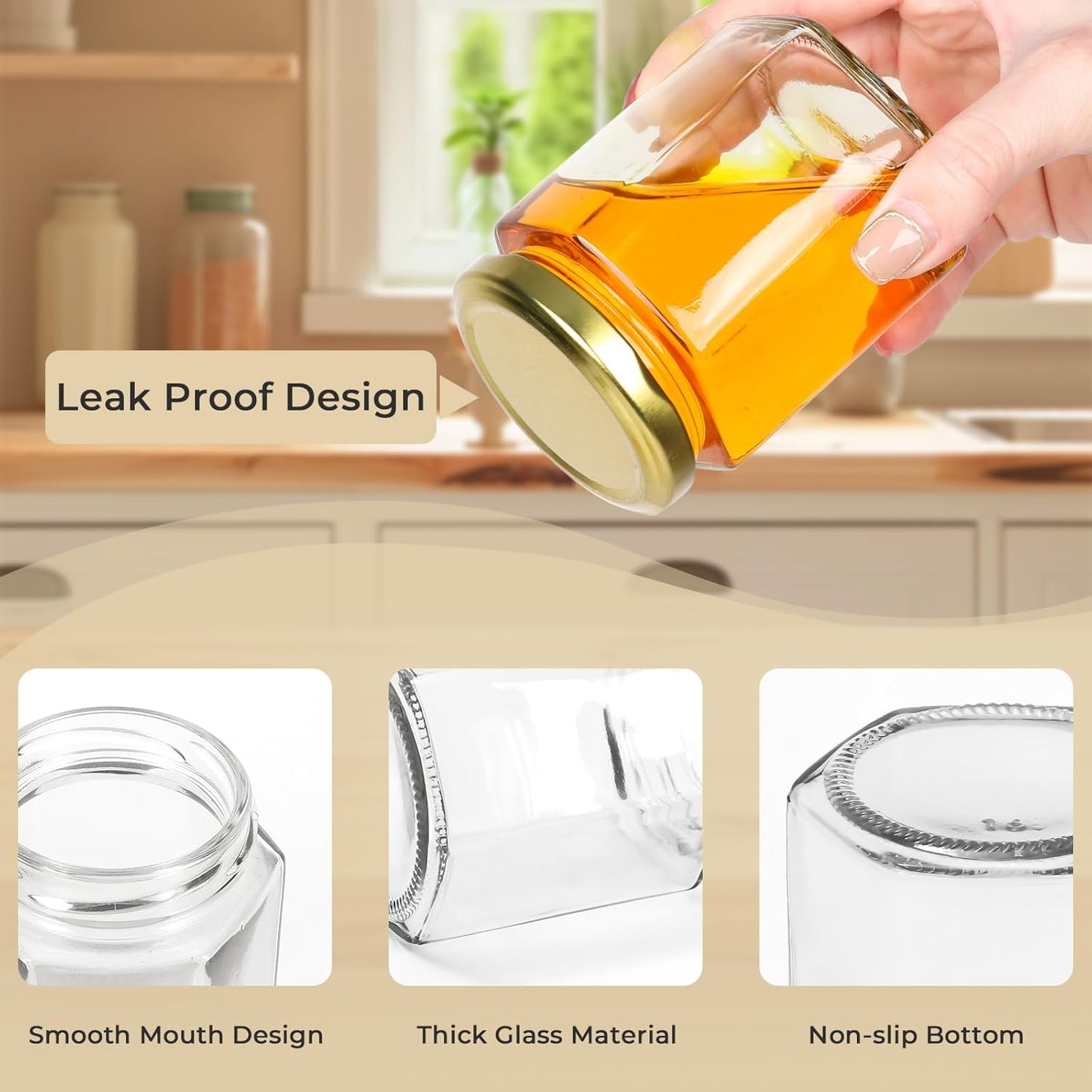 9 oz Hexagon Glass Jars with Gold Lids, 20 Pcs Canning Jars for Jam, Honey, Jelly, Candy, Candle, Wedding Favors, Baby Shower Favors, Spice Jars Crafts with Stickers and Pen for Labeling